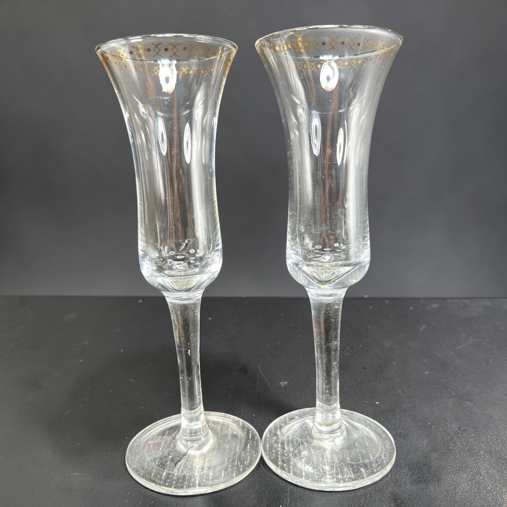 West‎ Elm Gold Pattern Champagne Flutes Set of 2 Flared Stemware Clear Glass VTG